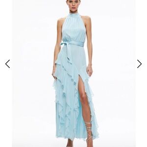 Alice + Olivia Blue Halter Maxi Gown with Slit